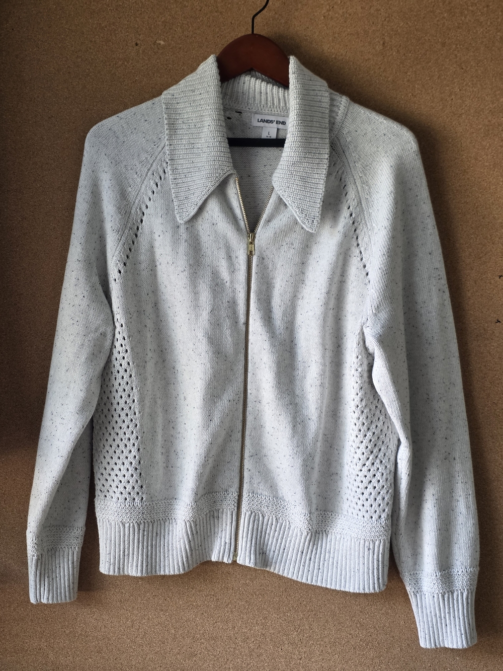 Lands’ End Cotton Zip Sweater Women’s L 14‑16 Light Gray Speckled Knit Cardigan